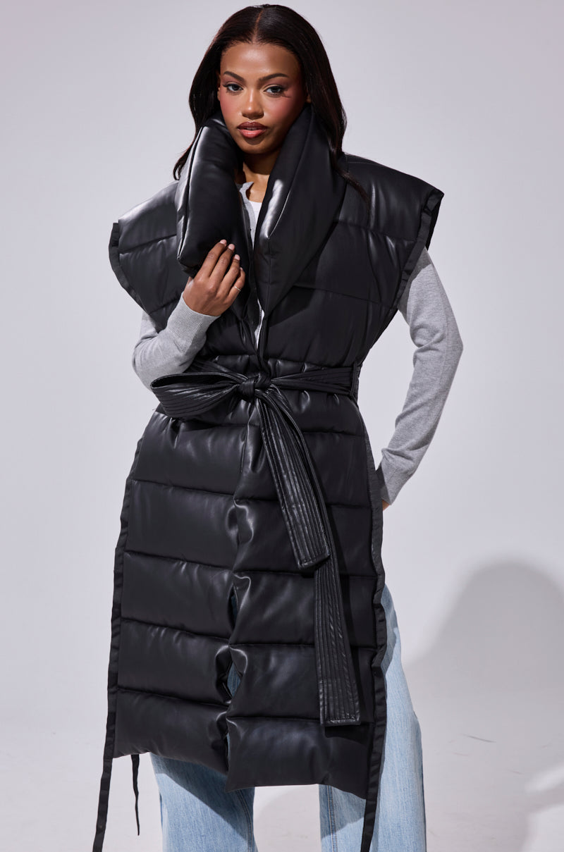 PILOT JONES LONGLINE PUFFER VEST IN FAUX LEATHER