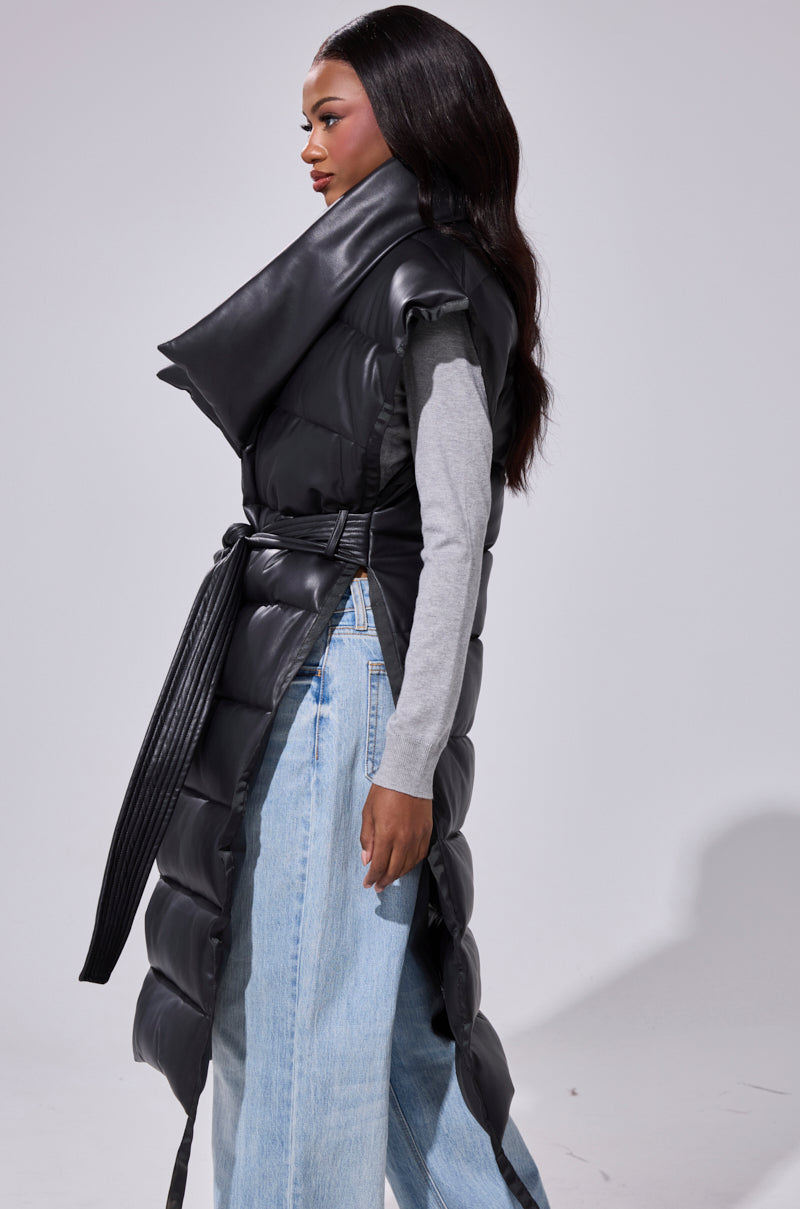 PILOT JONES LONGLINE PUFFER VEST IN FAUX LEATHER