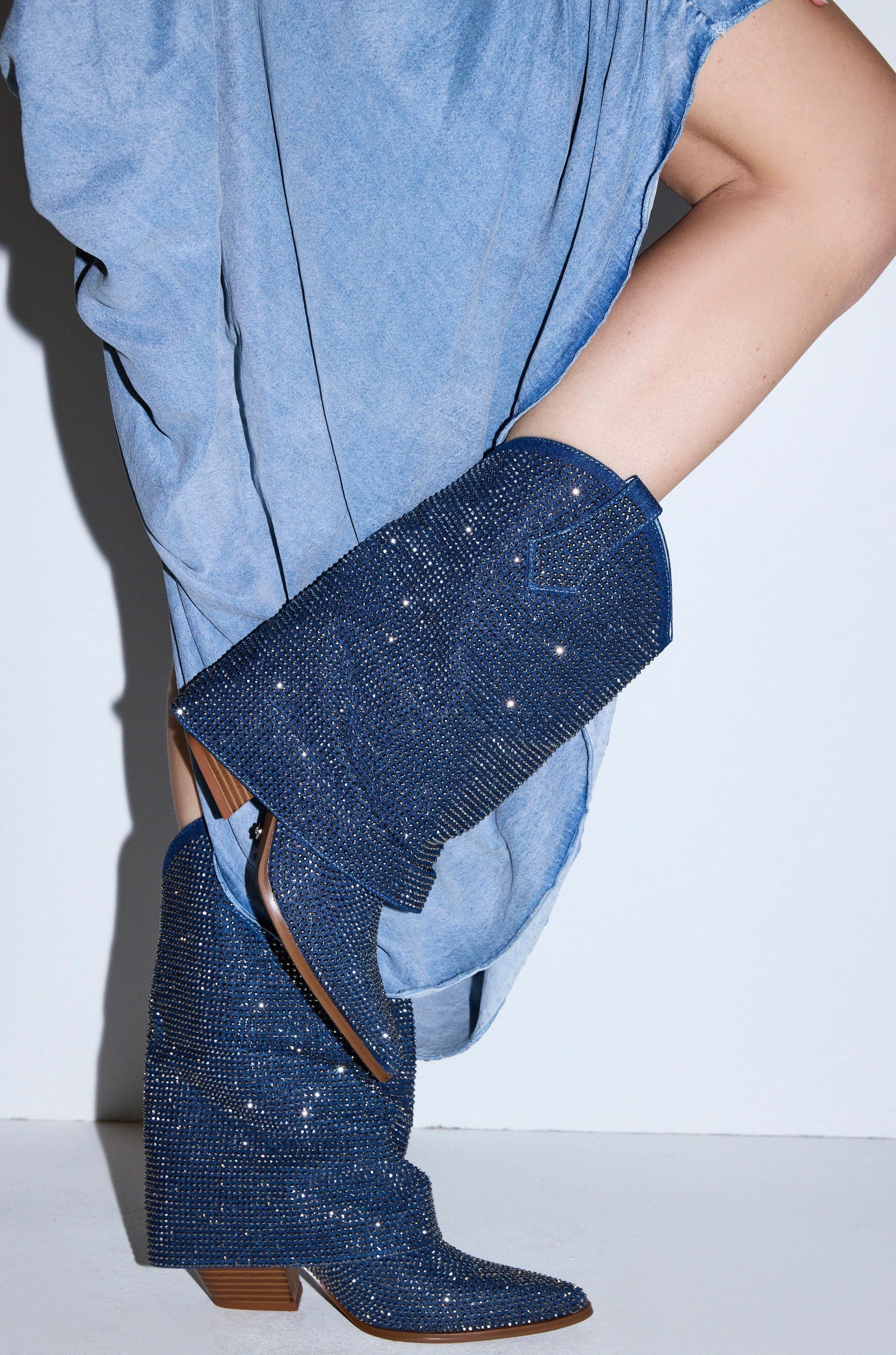AZALEA WANG VANADIS DENIM RHINESTONE COWBOY BOOTIE