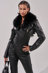 HALF MY HEART ULTRA CROPPED MOTO WITH FUR COLLAR