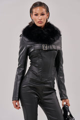 HALF MY HEART ULTRA CROPPED MOTO WITH FUR COLLAR
