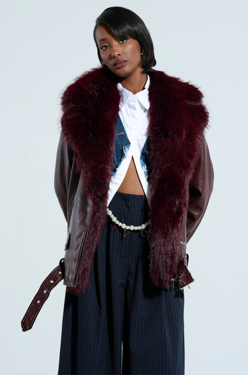 ON THE GO FUR TRIM MOTO IN BURGUNDY