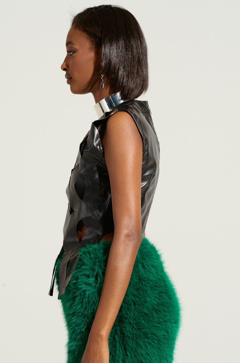 ON MY OWN WAVE CUT OUT FAUX LEATHER TOP IN PU