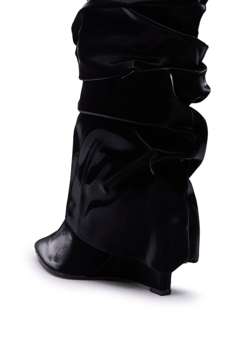 AZALEA WANG ZYLLA BLACK PATENT WEDGE RUCHED BOOT