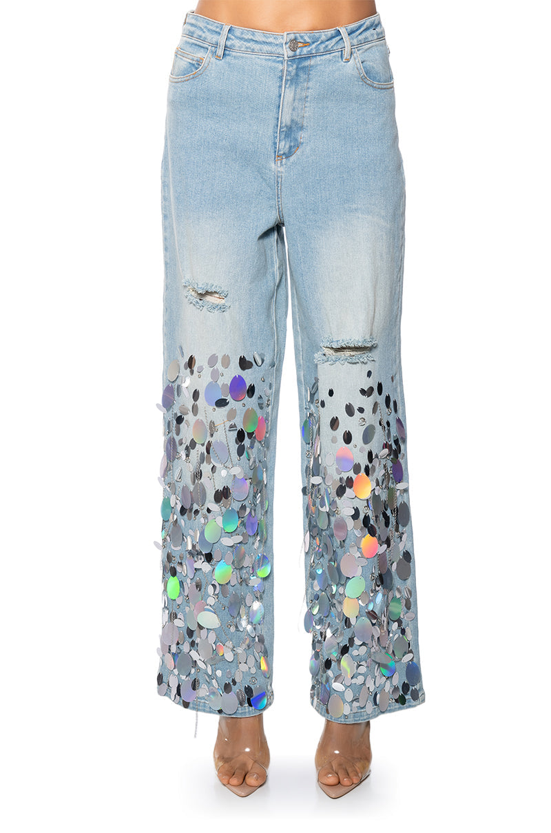A GIRL NAMED LUCKY EMBELLISHED WIDE LEG RIPPED JEANS