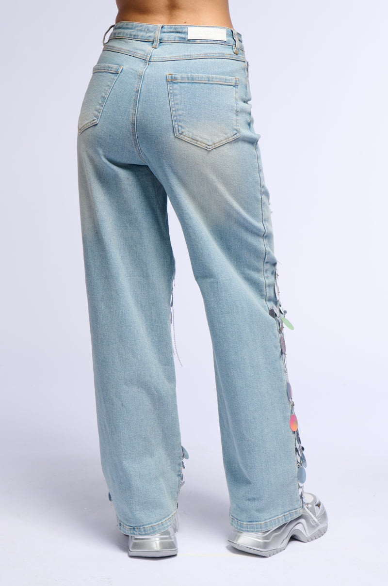 A GIRL NAMED LUCKY EMBELLISHED WIDE LEG RIPPED JEANS
