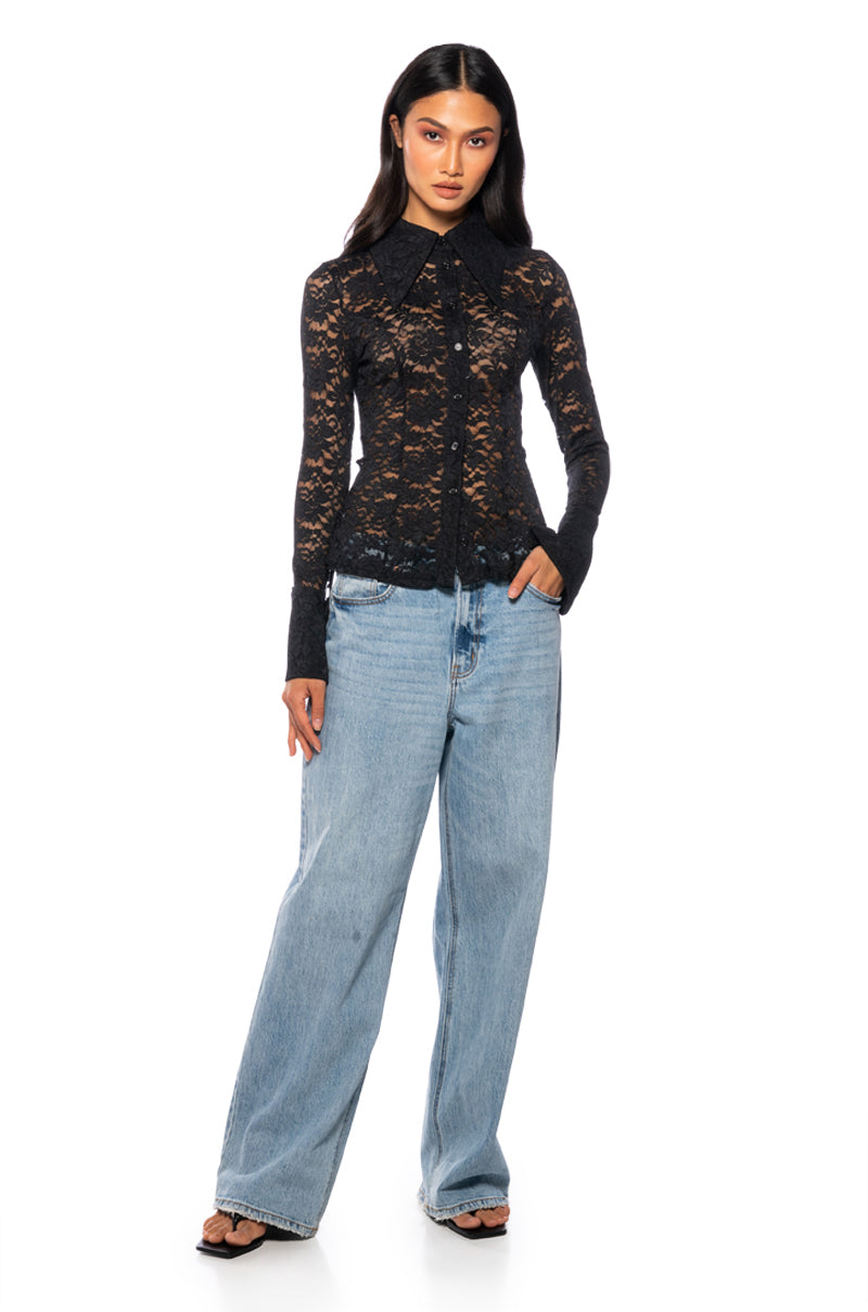 A SNEAK PEEK BUTTON DOWN LACE BLOUSE