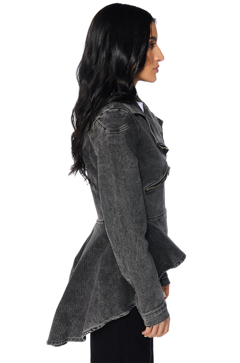 ABOUT THAT TIME DENIM PEPLUM MOTO JACKET