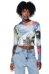 ABSTRACT ART LONG SLEEVE MESH TOP