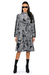 ABSTRACT PRINT BELTED LONG SLEEVE MINI DRESS