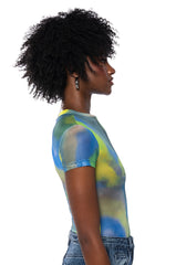 ABSTRACT PRINTED SHORT SLEEVE MESH BODYSUIT