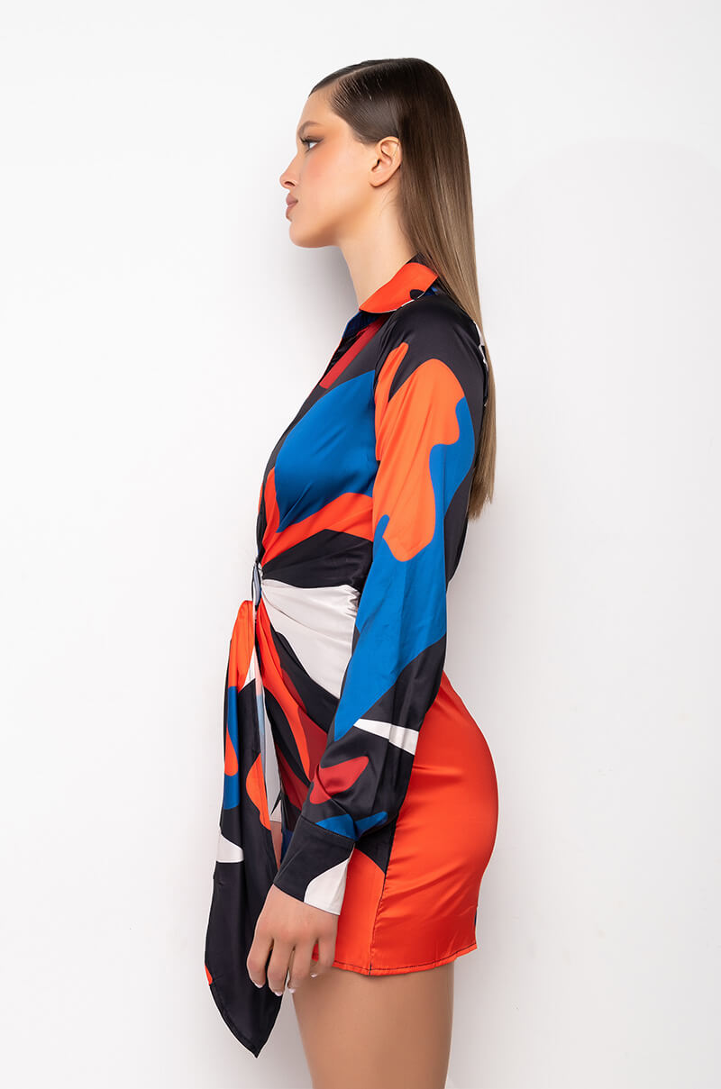 ABSTRACT SATIN SHIRT DRESS