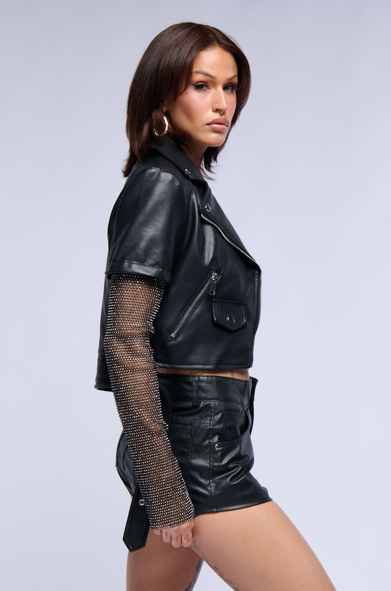 ACEROLA RHINESTONE BLING CROP MOTO JACKET