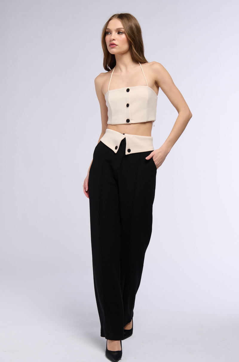 ADELE BUTTON DETAIL FOLDED WAIST WIDE LEG TROUSER