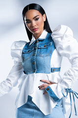 HER DENIM TOP WITH SATIN CONTRAST