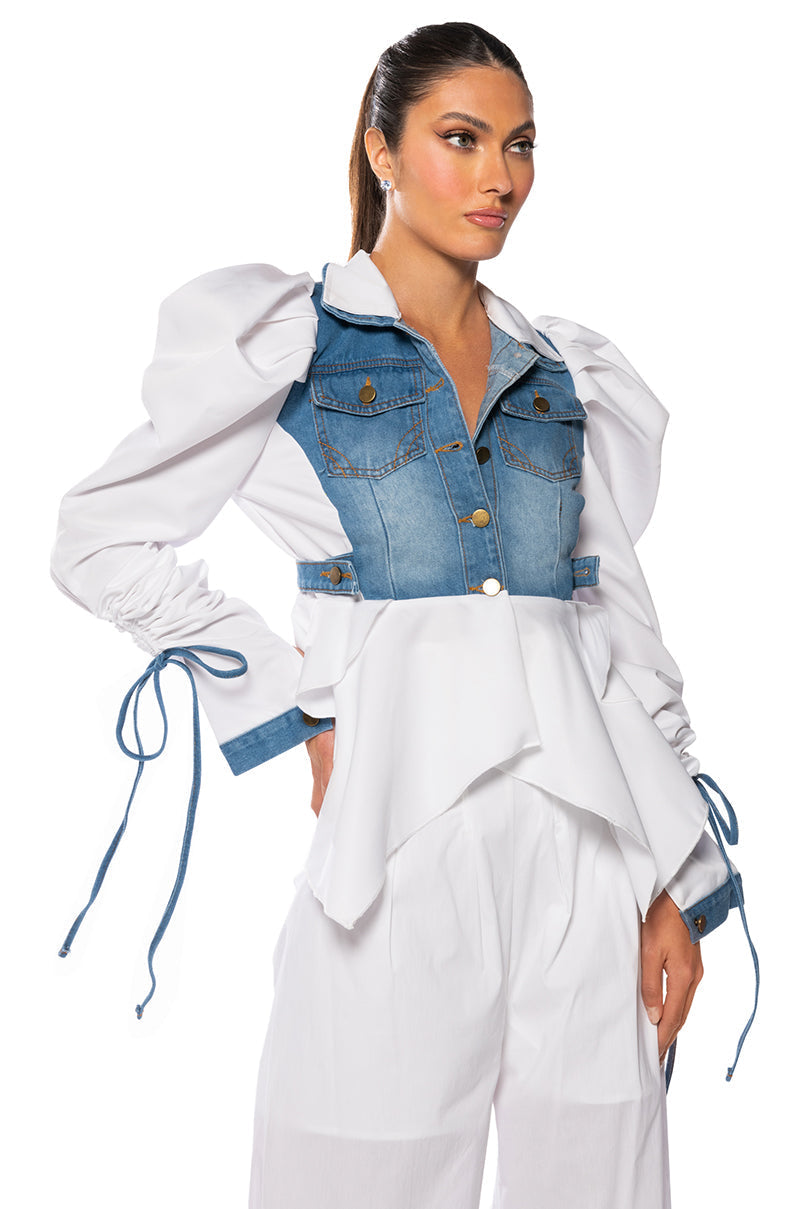 HER DENIM TOP WITH SATIN CONTRAST