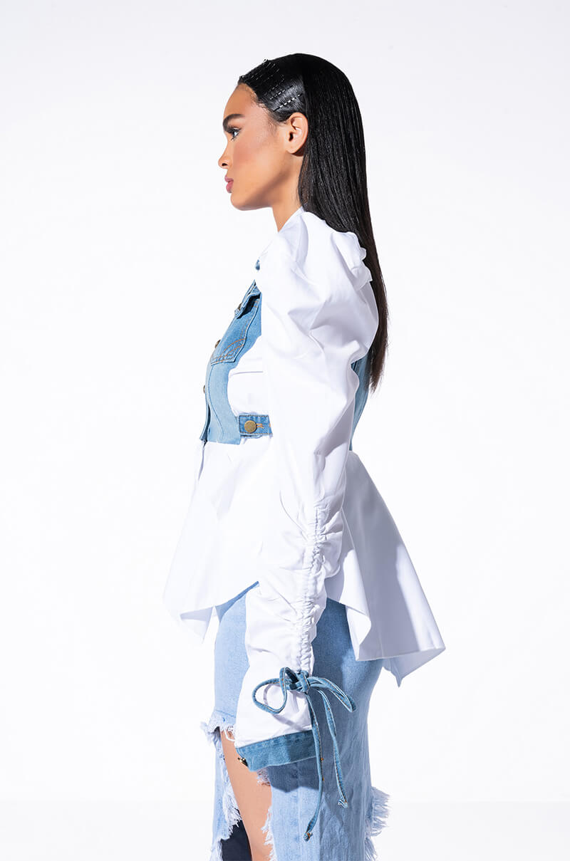 HER DENIM TOP WITH SATIN CONTRAST