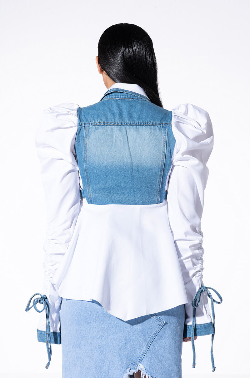 HER DENIM TOP WITH SATIN CONTRAST