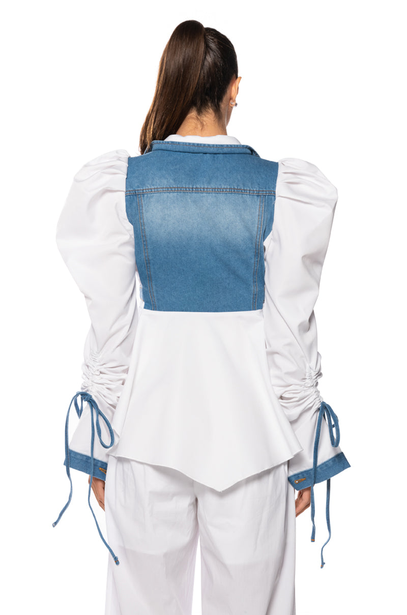 HER DENIM TOP WITH SATIN CONTRAST