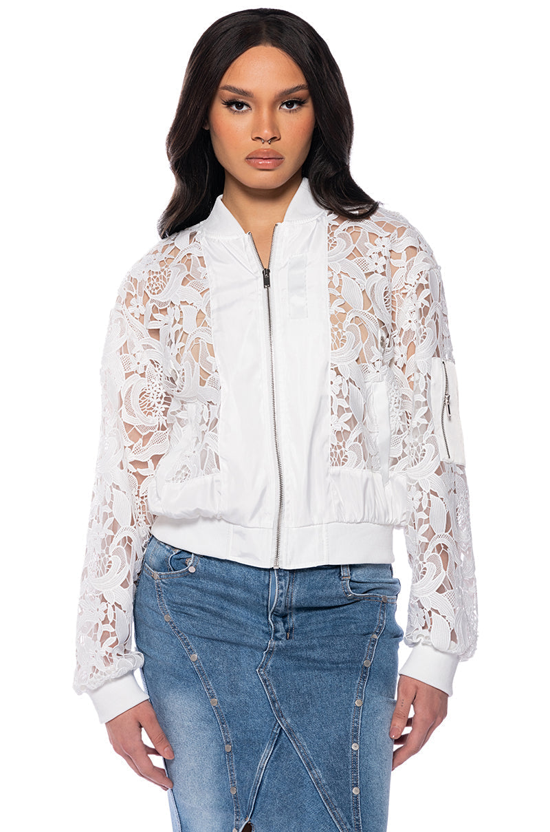 AND JUST LIKE THAT LACE BOMBER