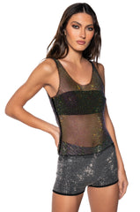 ANGEL SLEEVELESS RHINESTONE MESH TOP IN BLACK