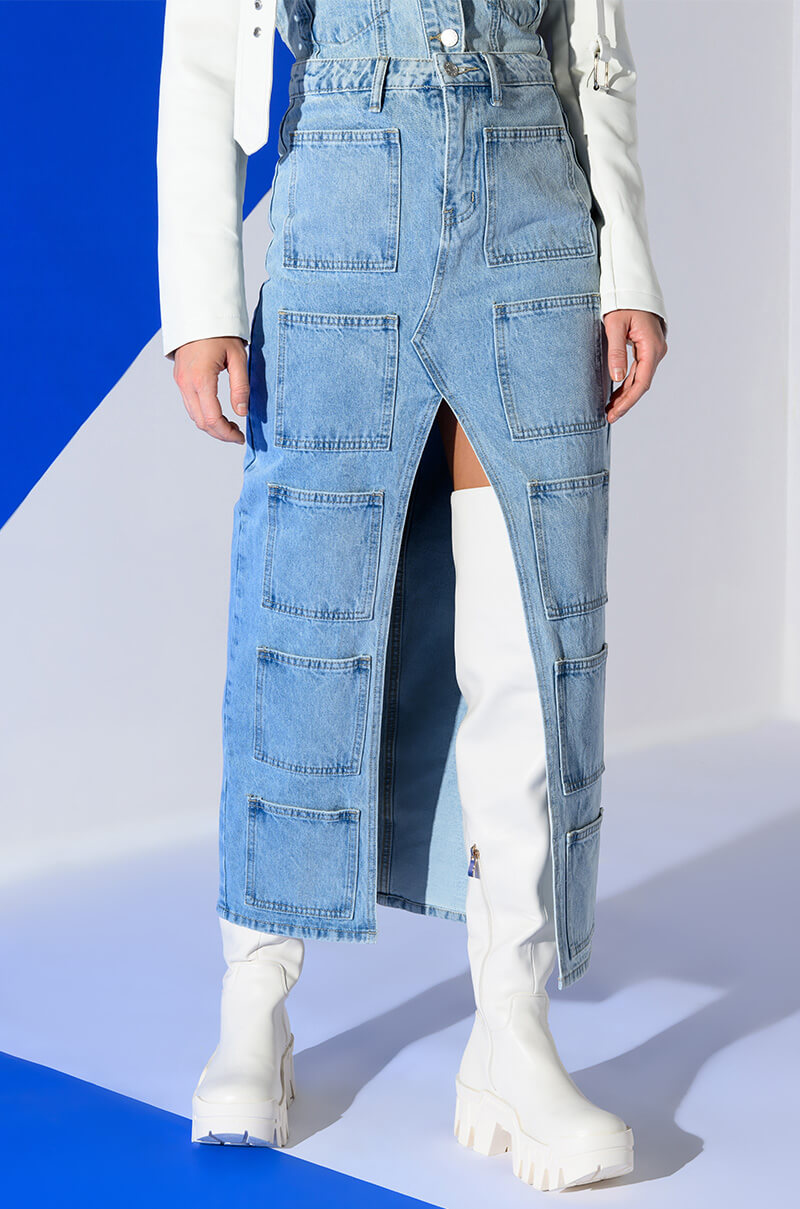 ANGELICA DENIM MIDI OPEN SLIT SKIRT