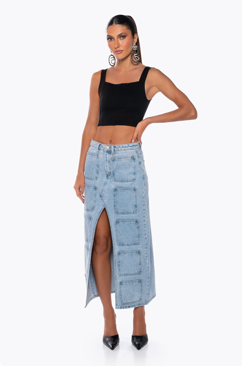 ANGELICA DENIM MIDI OPEN SLIT SKIRT
