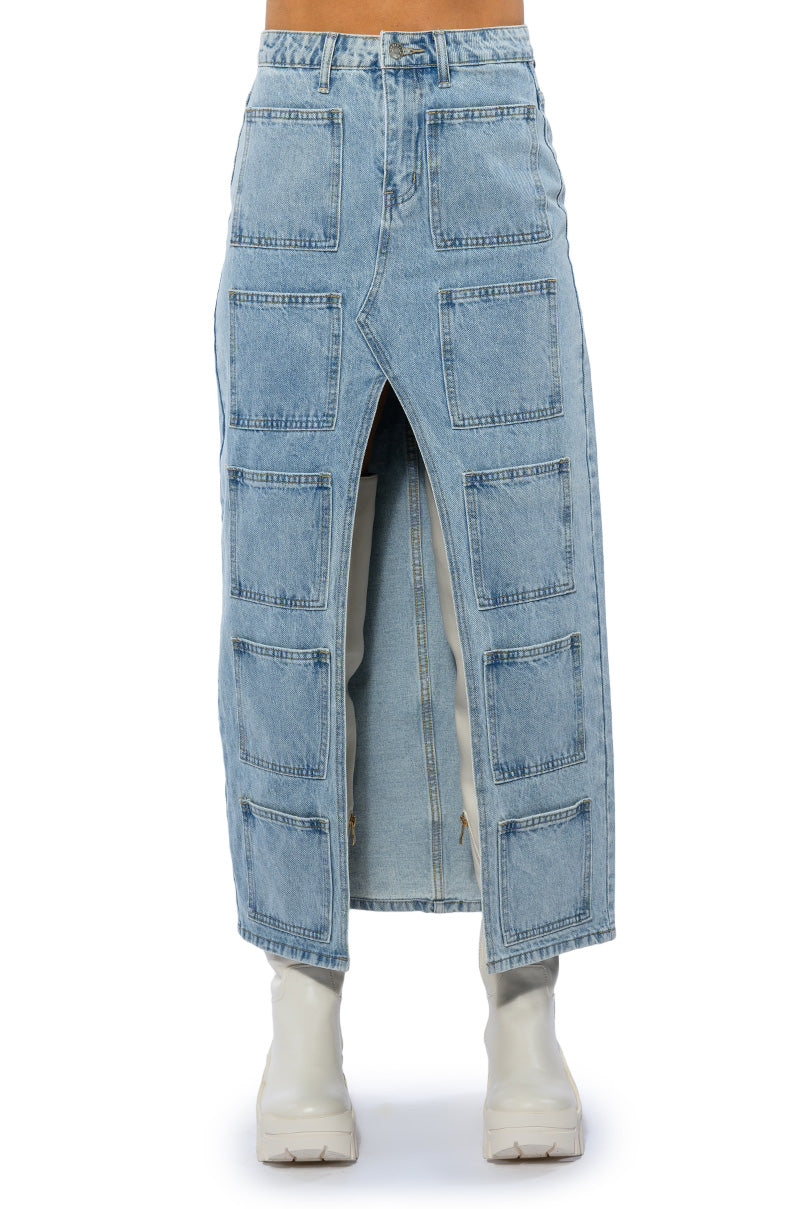 ANGELICA DENIM MIDI OPEN SLIT SKIRT