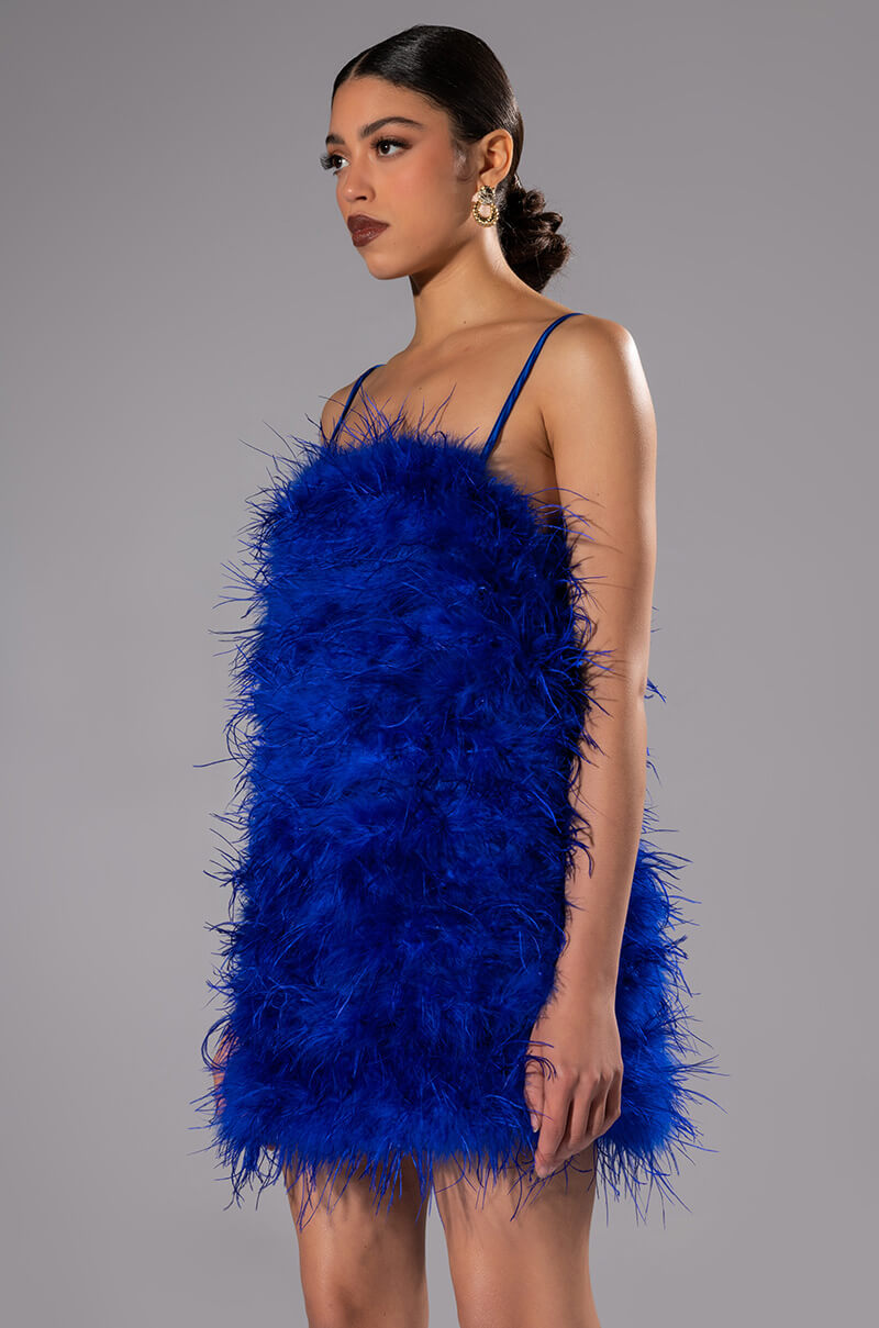 ANYTHING AND EVERYTHING STRAPLESS FEATHER MINI DRESS