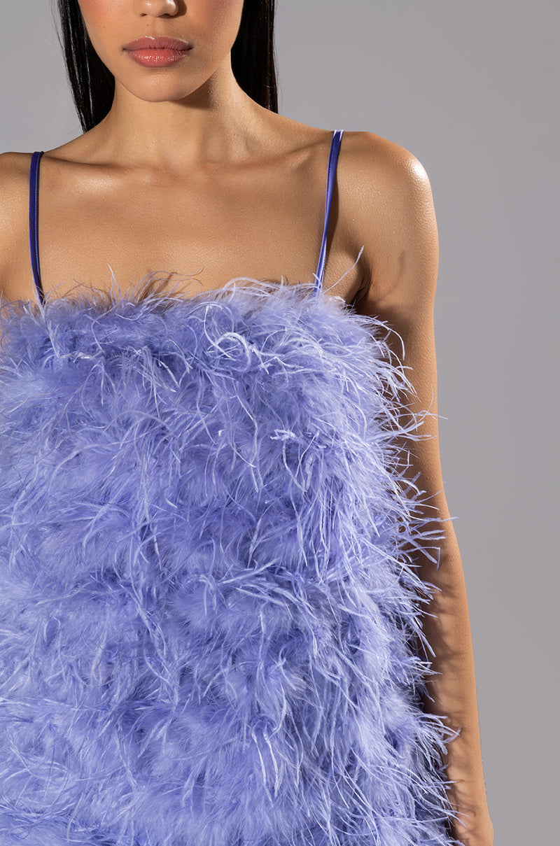 ANYTHING AND EVERYTHING STRAPLESS FEATHER MINI DRESS
