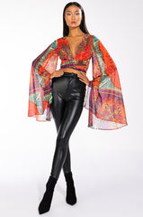 ANYWHERE I GO CROPPED TIE FRONT CHIFFON BLOUSE