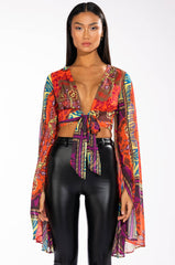 ANYWHERE I GO CROPPED TIE FRONT CHIFFON BLOUSE