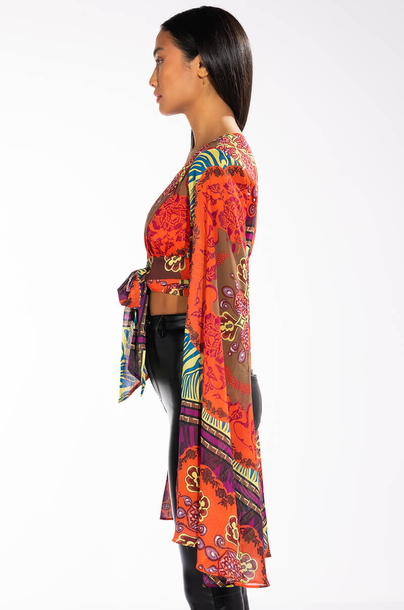 ANYWHERE I GO CROPPED TIE FRONT CHIFFON BLOUSE