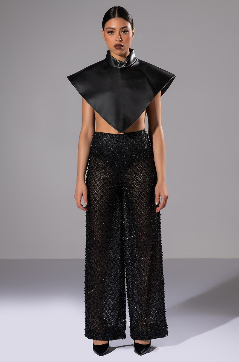 ARIA FAUX LEATHER MOCK NECK TRIANGLE BLOUSE