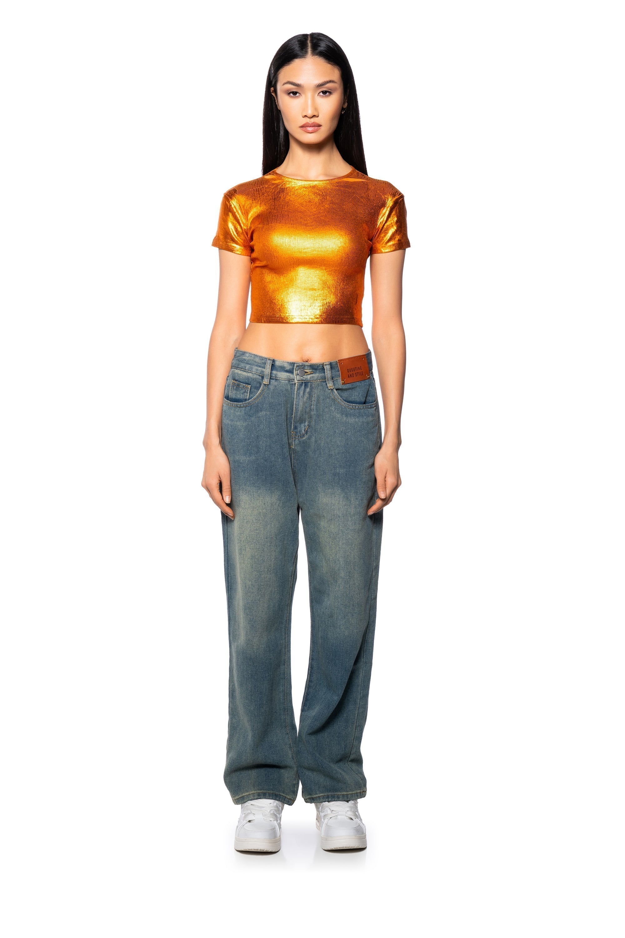 ARIES METALLIC RIB SHORT SLEEVE T SHIRT IN ORANGE