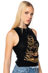 ARYA SLEEVELESS DISTRESSED CHAIN SWEATER