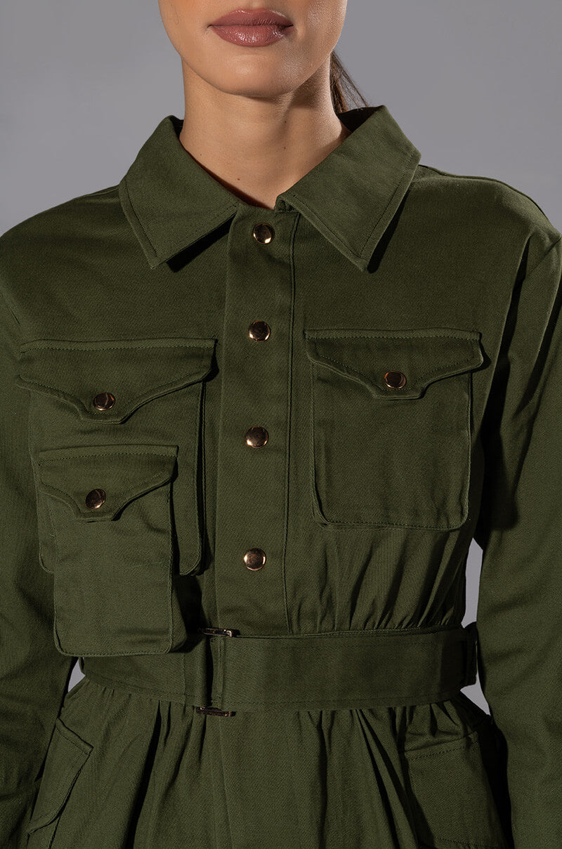 ATTENTION CARGO LONG SLEEVE MINI DRESS
