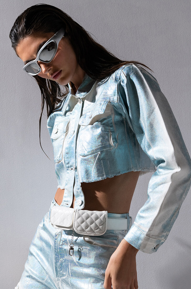 AUBREY BRUSHED METALLIC CROPPED DENIM JACKET