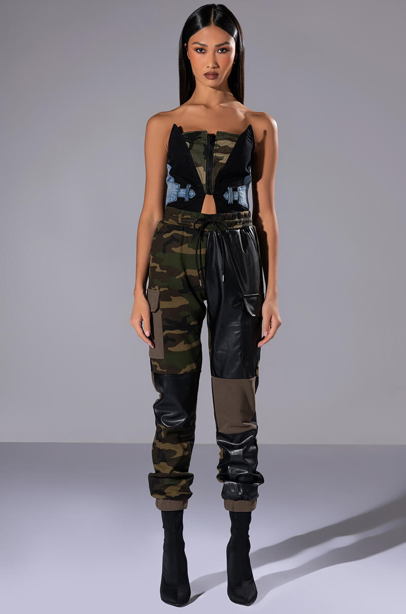 AVIATOR CAMO AND DENIM CORSET TOP