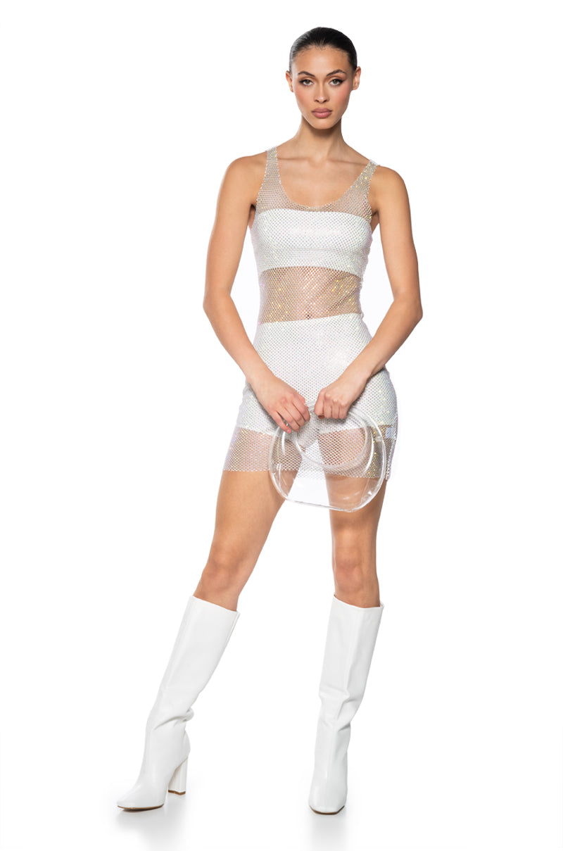 AYLA RHINESTONE MESH MIDI DRESS IN WHITE