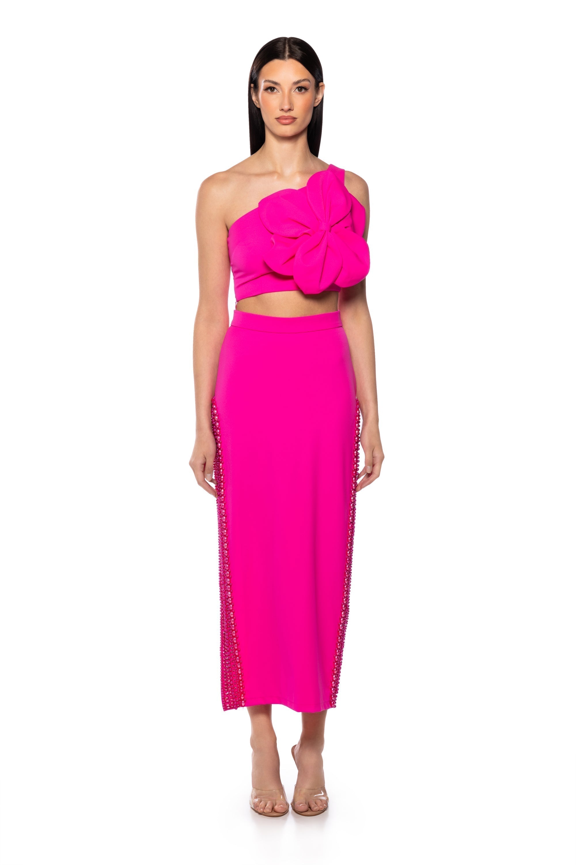 AZALEA ASYMMETRIC APPLIQUE CROP TOP IN PINK