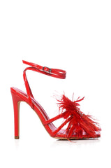 AZALEA WANG SANTOS FEATHER FLOWER DECOR SANDAL IN RED