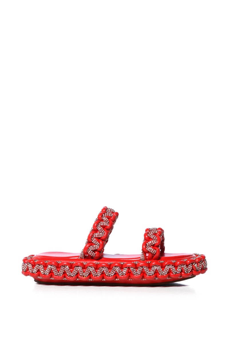 AZALEA WANG ALL DAY EMBELLISHED WOVEN FLATFORM SANDAL IN RED