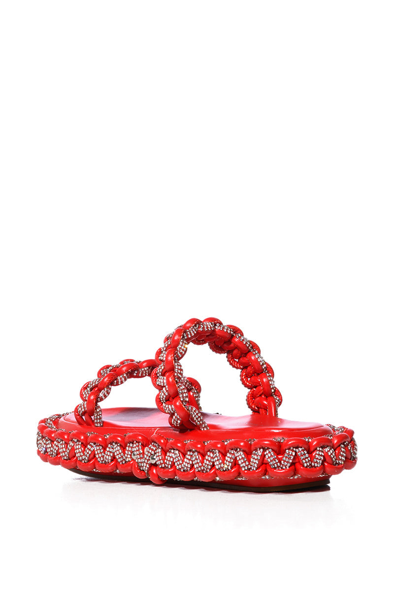 AZALEA WANG ALL DAY EMBELLISHED WOVEN FLATFORM SANDAL IN RED