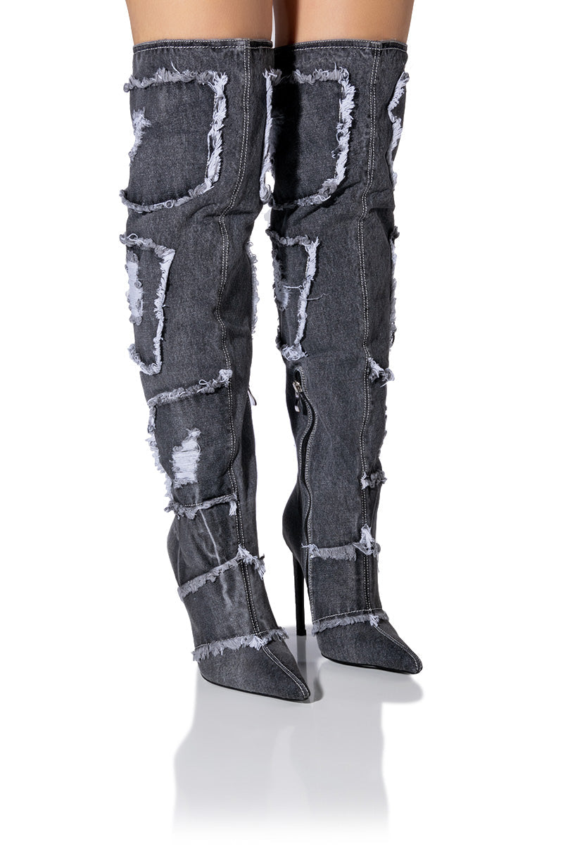 AZALEA WANG ALYSIA DENIM DISTRESSED BOOT IN DARK DENIM