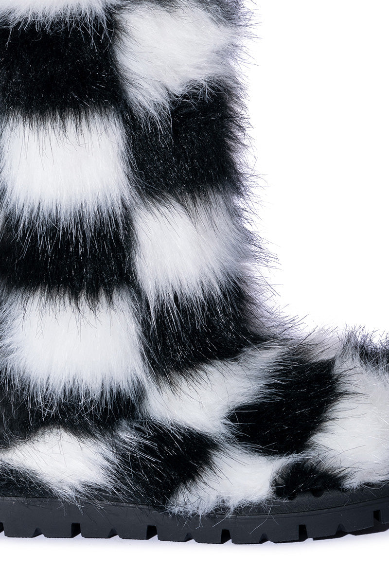 AZALEA WANG ASPEN FURRY CHECKERBOARD BOOTIE IN BLACKWHITE