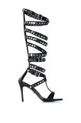 AZALEA WANG AUDACIOUS BLACK SILVER STUD GLADIATOR SANDAL