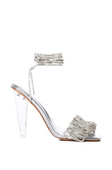AZALEA WANG BAYLEAF CLEAR HEEL EMBELLISHED SANDAL IN SILVER