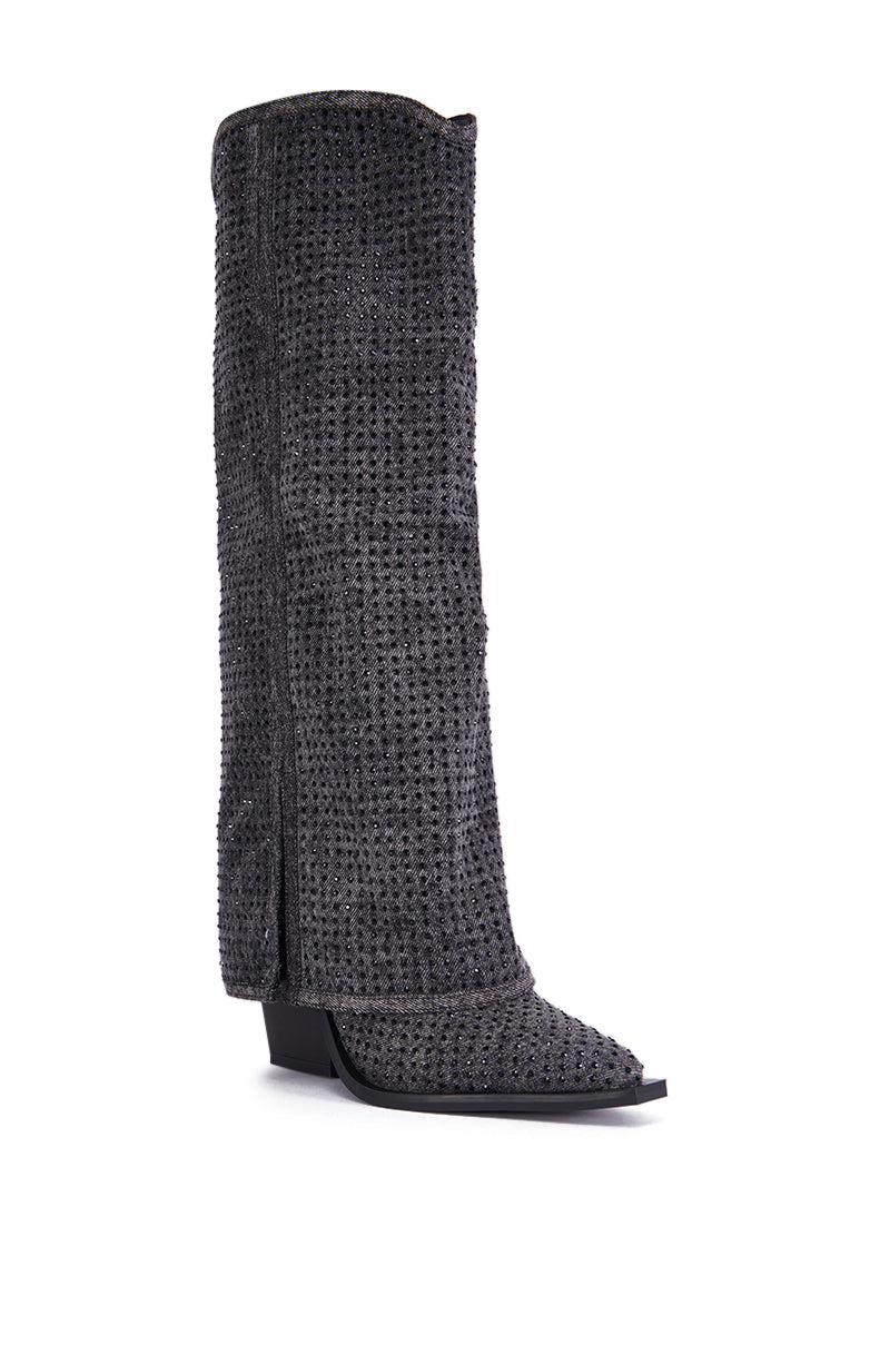 AZALEA WANG CALCIFER GRAY RHINESTONE AND DENIM WESTERN BOOT
