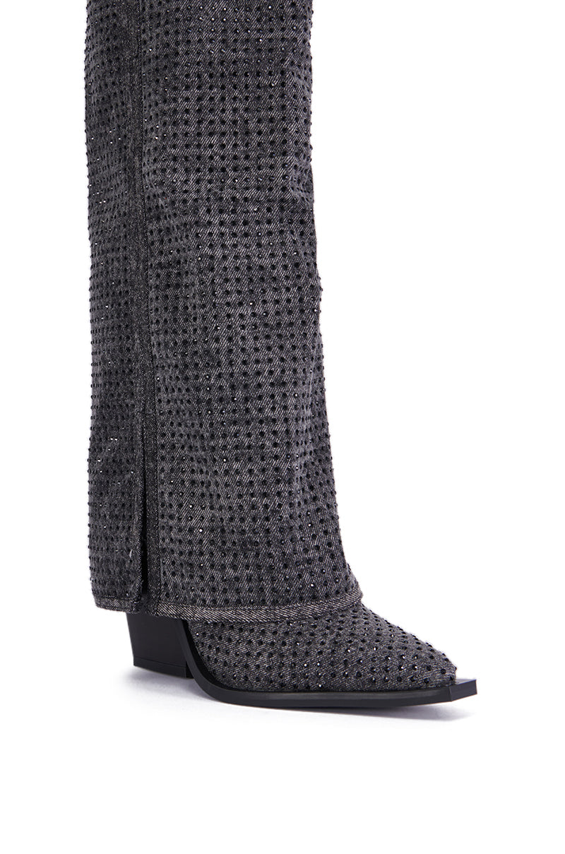 AZALEA WANG CALCIFER GRAY RHINESTONE AND DENIM WESTERN BOOT